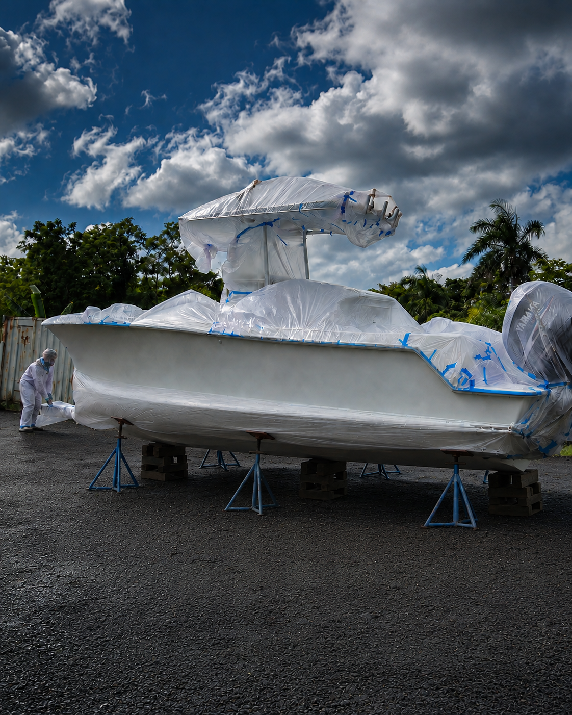 Center console boat fully masked and wrapped in preparation for refinishing